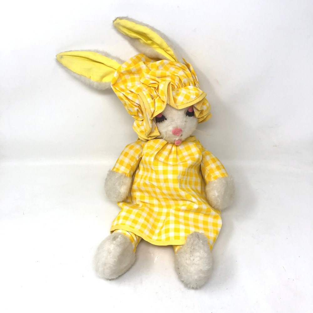 Vintage Commonwealth Plush Bunny Rabbit Yellow Gingham Dress Bonnet Sleepy Eyes